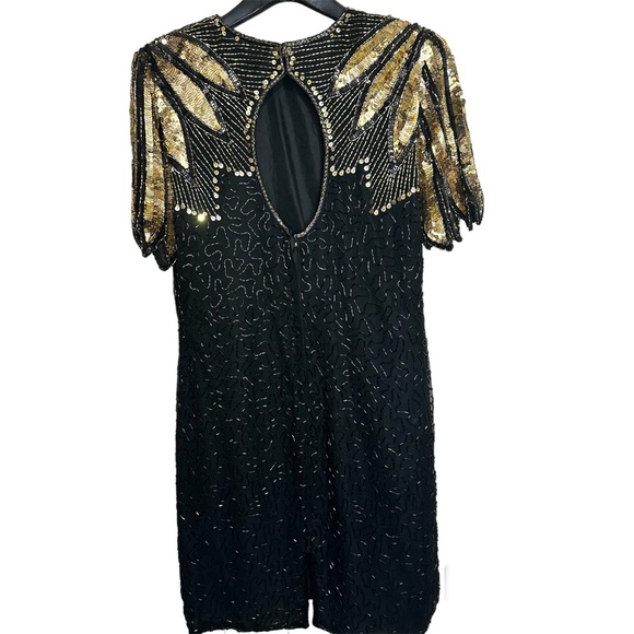 Vintage 100% Silk Sequin Beaded Gold Black 12p Midi Dress - Picture 2 of 12